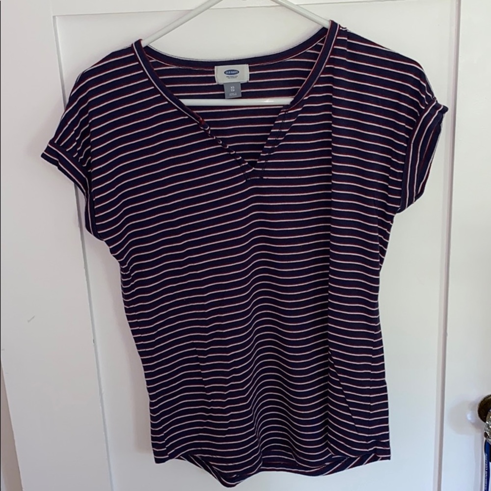Old Navy Split Neck Blue w red/white striped shirt